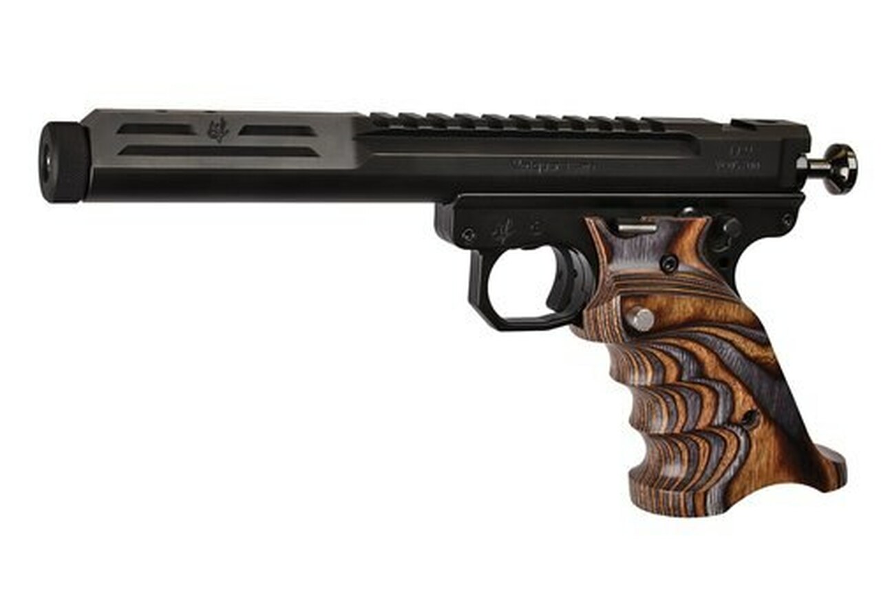 Volquartsen Scorpion .22 LR, 6" Barrel, Target 22 Frame, Brown/Gray Grips, Black Stainless