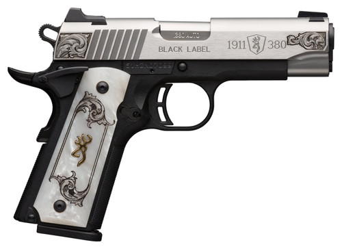 Browning 1911-380 Medallion 380 ACP, 4.25" Barrel, Buckmark Imitation Pearl Grip, Black Frame, Stainless Steel Slide, 8rd