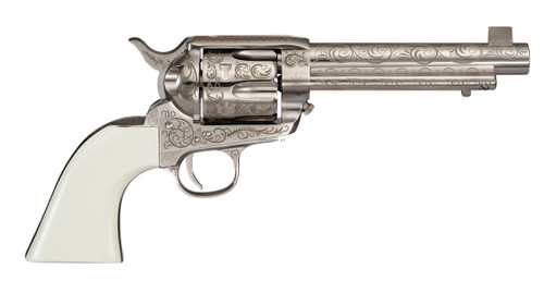 Cimarron Frontier 45 LC, 5.5" Barrel, Engraved Nickel, White Grips, 6rd