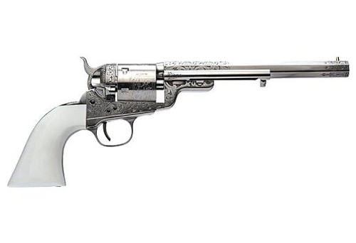 Cimarron Richards-Mason 1851 38 Special, 7.5" Barrel, Engraved Nickel, Ivory Grips, 6rd
