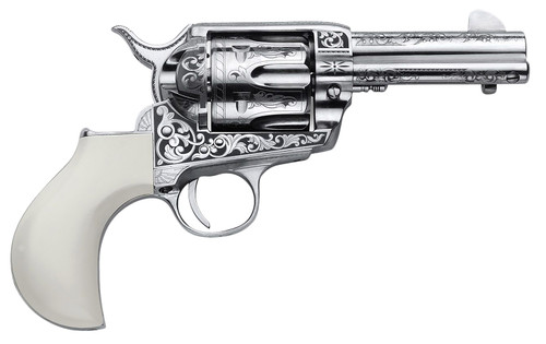 Cimarron Huckleberry 45 Colt, 3.5" Barrel, Engraved Nickel, Ivory "Huckleberry" Grip, 6rd