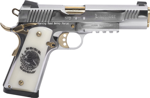 Girsan MC1911 Liberador 45 ACP, 5" Barrel, Silver w/ Gold Accents, Engraved White Ivory Grips, 8rd