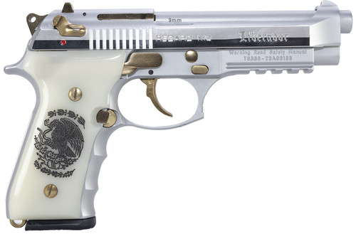 Girsan Regard Liberador 9mm, 4.9" Barrel, White Engraved Ivory Grips, Gold Accents, 18rd
