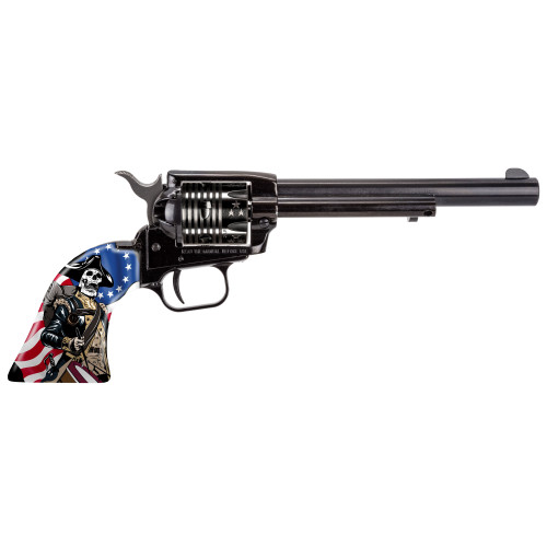 Heritage Rough Rider 22 LR, 6.5" Barrel, Custom Red/White/Blue Skeleton Grips, Engraved Cylinder, 6rd