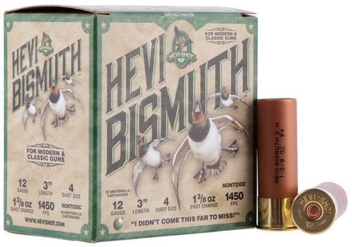 HEVI-Shot 12 Ga 3", Max Dram, 1 3/8 oz, Bismuth, 4 Shot, 25Bx/10Cs