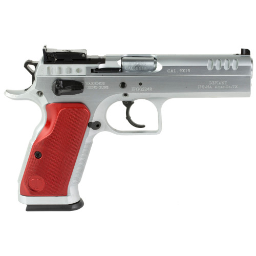 Tanfoglio Stock II 9mm, 4.45" Barrel, Silver, Red Grip, 17rd
