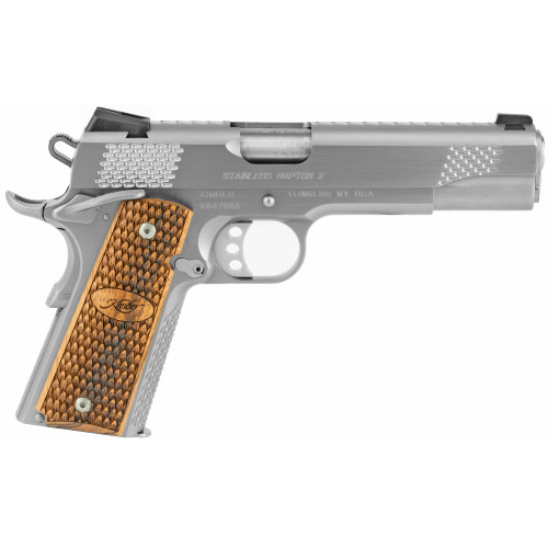 Kimber Raptor II 1911 45 ACP, 5" Barrel, Silver, Zebrawood Grip, CA Compliant, 8rd