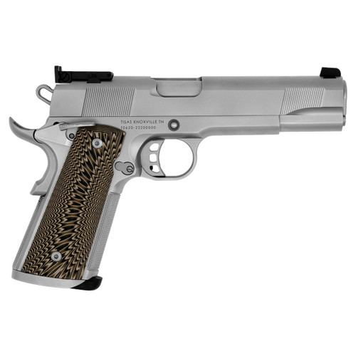 Tisas 1911 Match 45 ACP, 5" Barrel, Stainless Steel, Tan/Black G10 Grips, 8rd