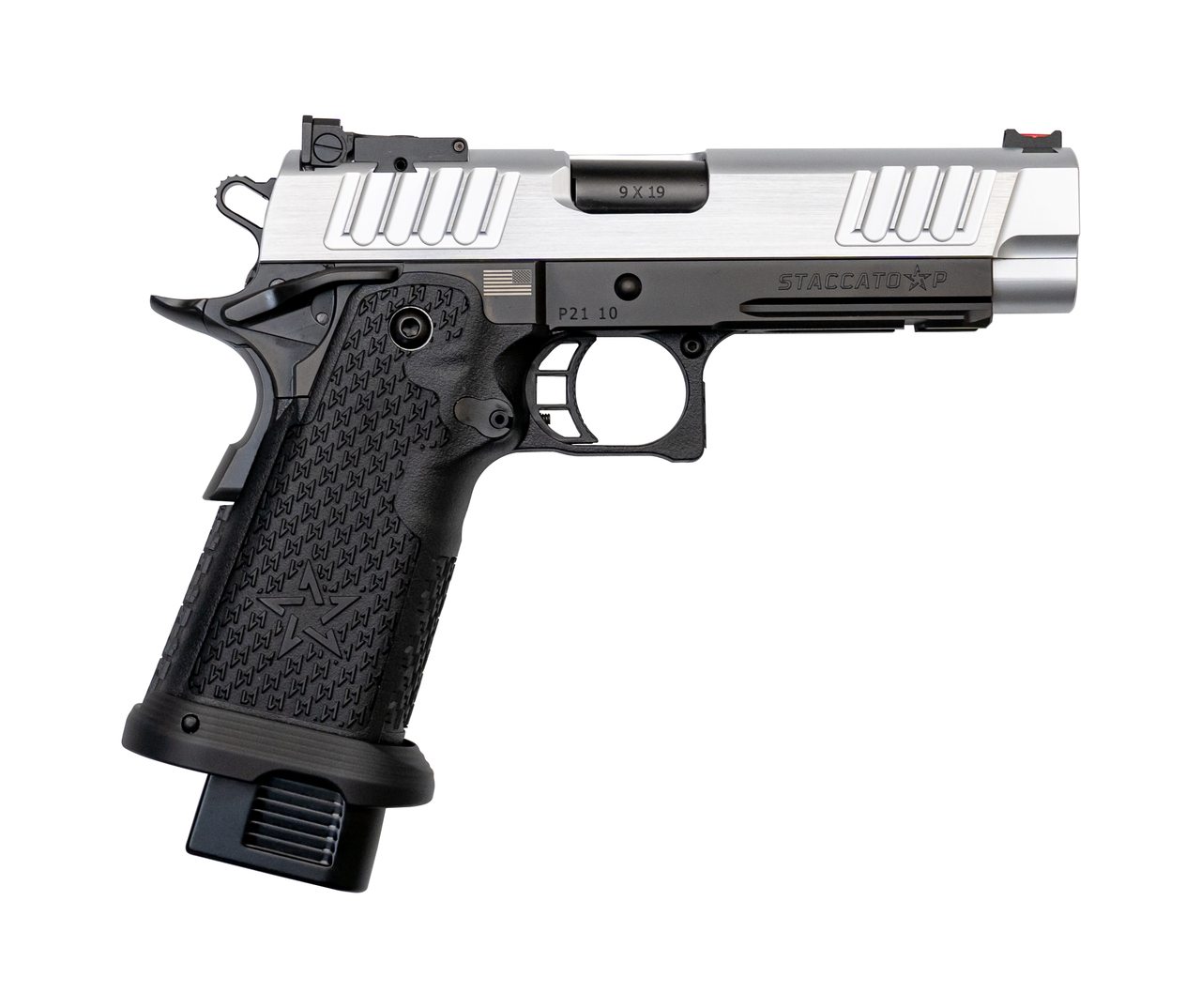 Staccato P 9mm, 4.4" Bull Barrel, G2, Dawson Fiber Optic, SS Slide, DLC Barrel, Black, 17rd/20rd