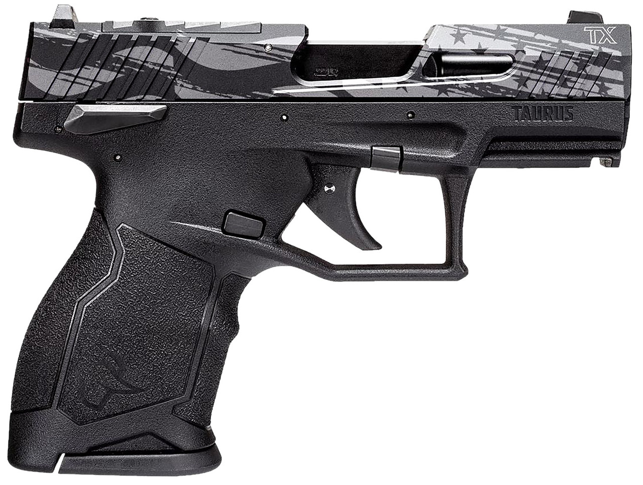 Taurus TX22C TORO 22 LR, 3.6" Threaded Barrel, Black, Engraved Distressed USA Flag Slide, 10rd