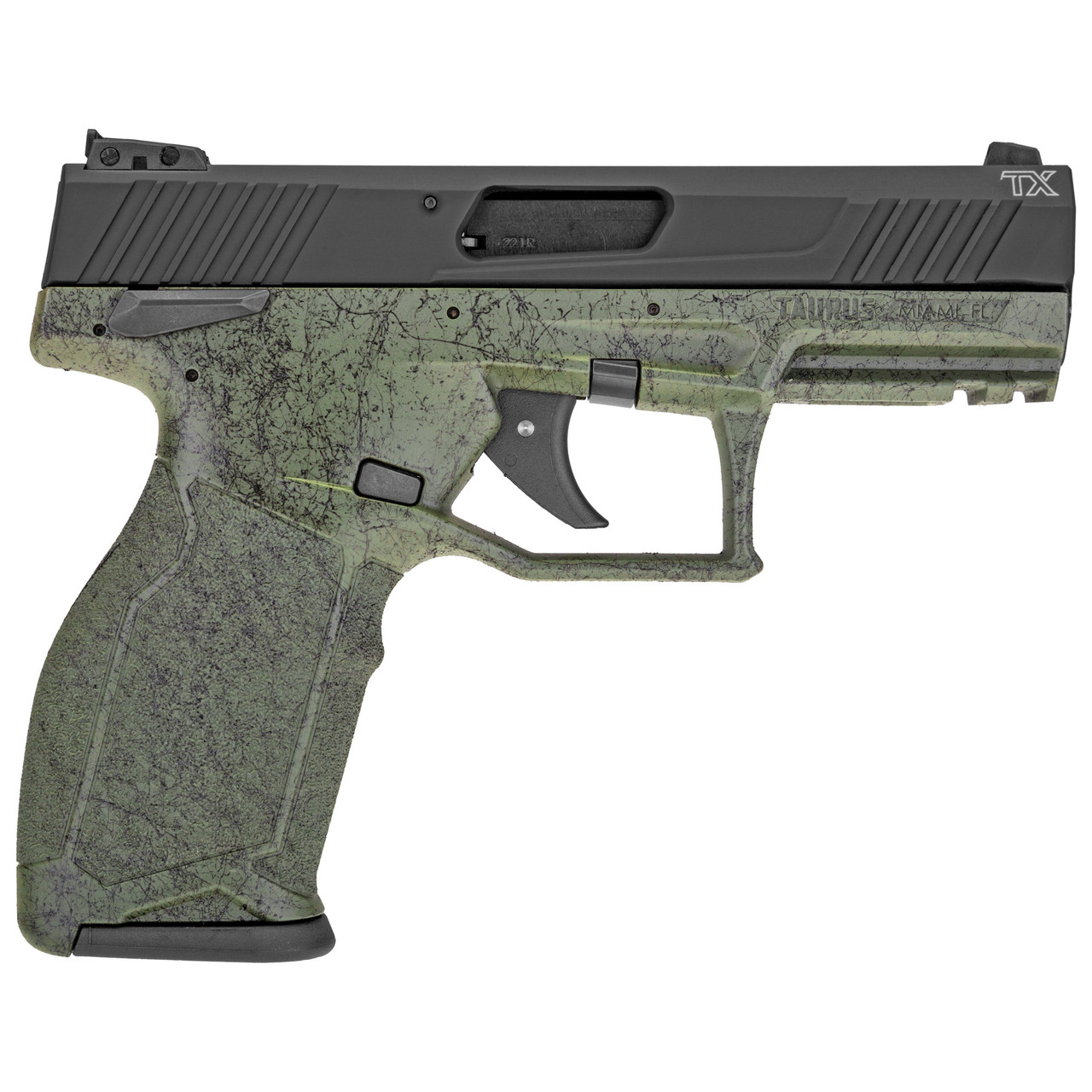 Taurus TX22 .22 LR, 4" Barrel, Manual Safety, Threaded Barrel, Green Splatter, 10rd