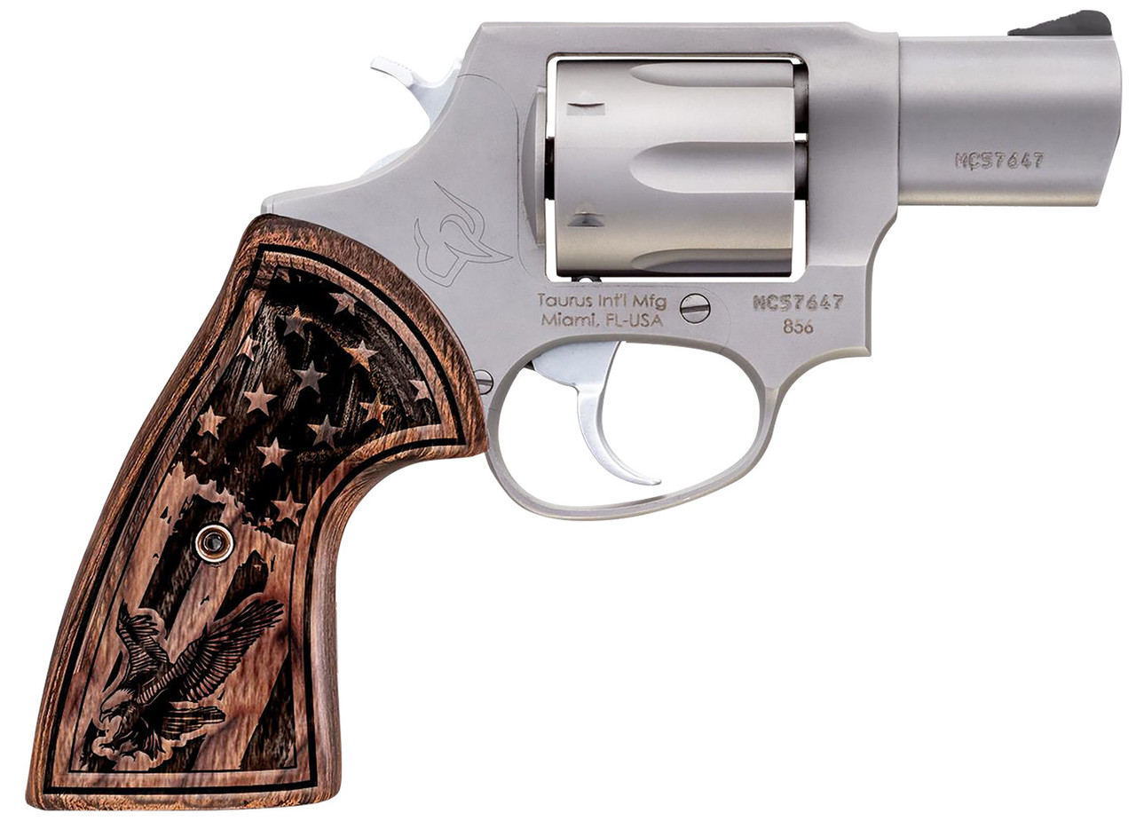 Taurus 856 38 Special +P, 2" Barrel, Stainless Steel, Engraved USA Flag Walnut Grip, 6rd