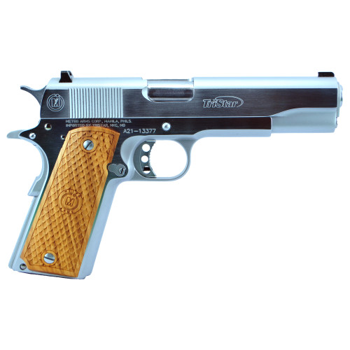 Tristar Government 1911 38 Super, 5" Barrel, Silver, Wood Grip, 8rd