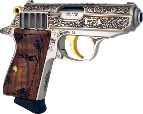 Walther PPK/S Exquisite 380 ACP, 3.3" Barrel, Engraved Stainless Steel, Turkish Walnut, 7rd