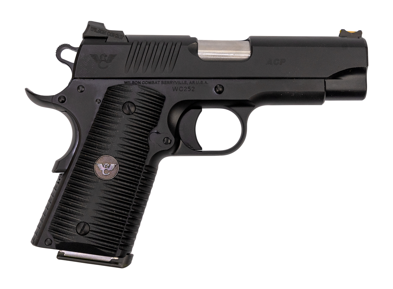 Wilson Combat ACP Compact 1911 SAO Used Excellent 45 ACP, 4" Barrel, Black Armor-Tuff Carbon Steel, Black G10 Eagle Claw Grip, 2x7rd Mags, Factory Soft Case, Papers